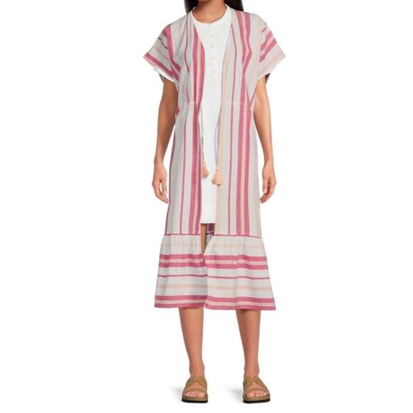 Faherty Striped Longline Duster Cotton Linen One Size Boho Beach Lightweight - Picture 3 of 14